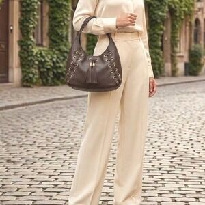 Michael Kors Astors Skorpios Brown Leather Grommet Tassel Hobo Shoulder Bag